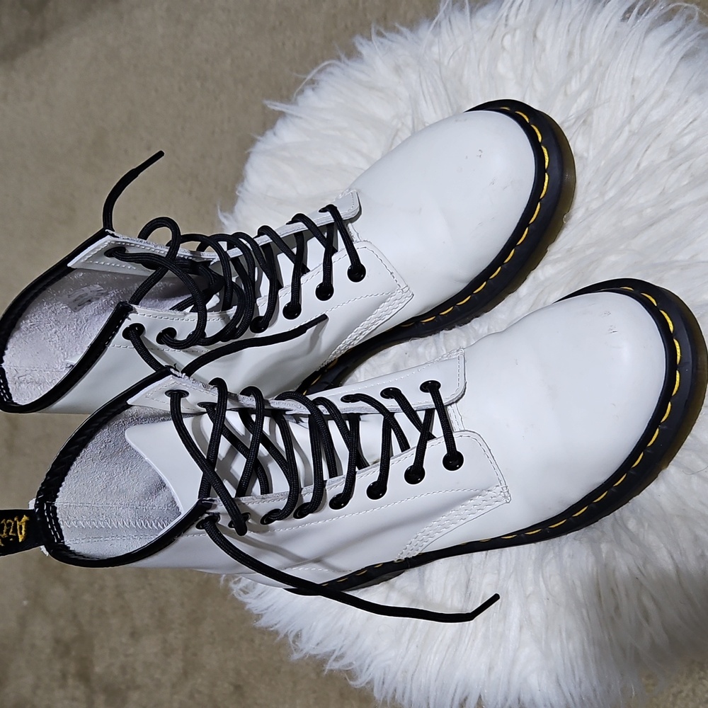 Dr. Martens White Boots with Black Laces and Yellow Stitching